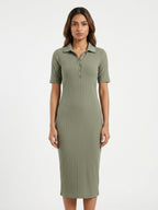 Olive Ribbed Knit Collared Midi Dress