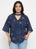 Navy Blue Celestial Print V-Neck Top