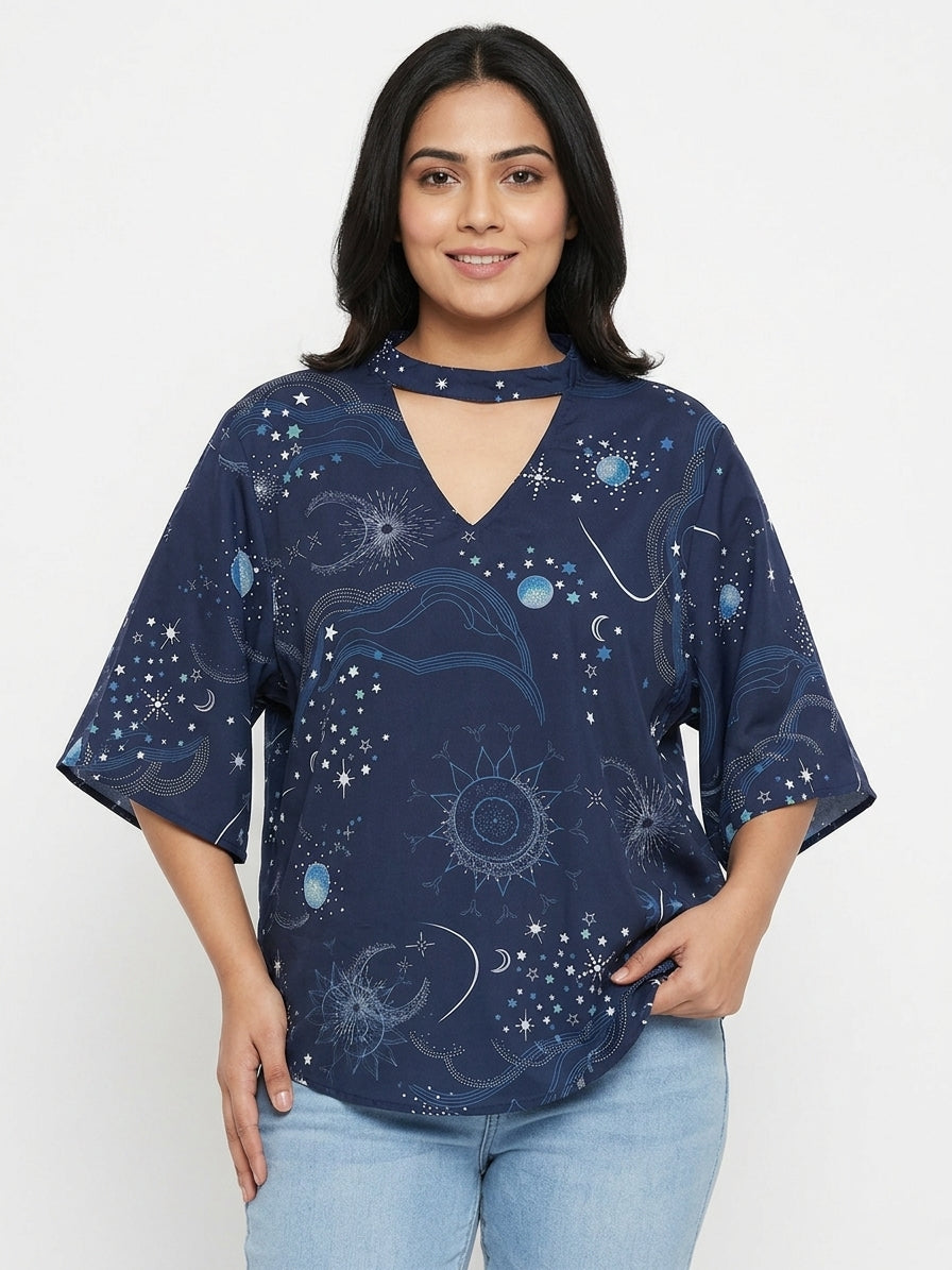 Navy Blue Celestial Print V-Neck Top
