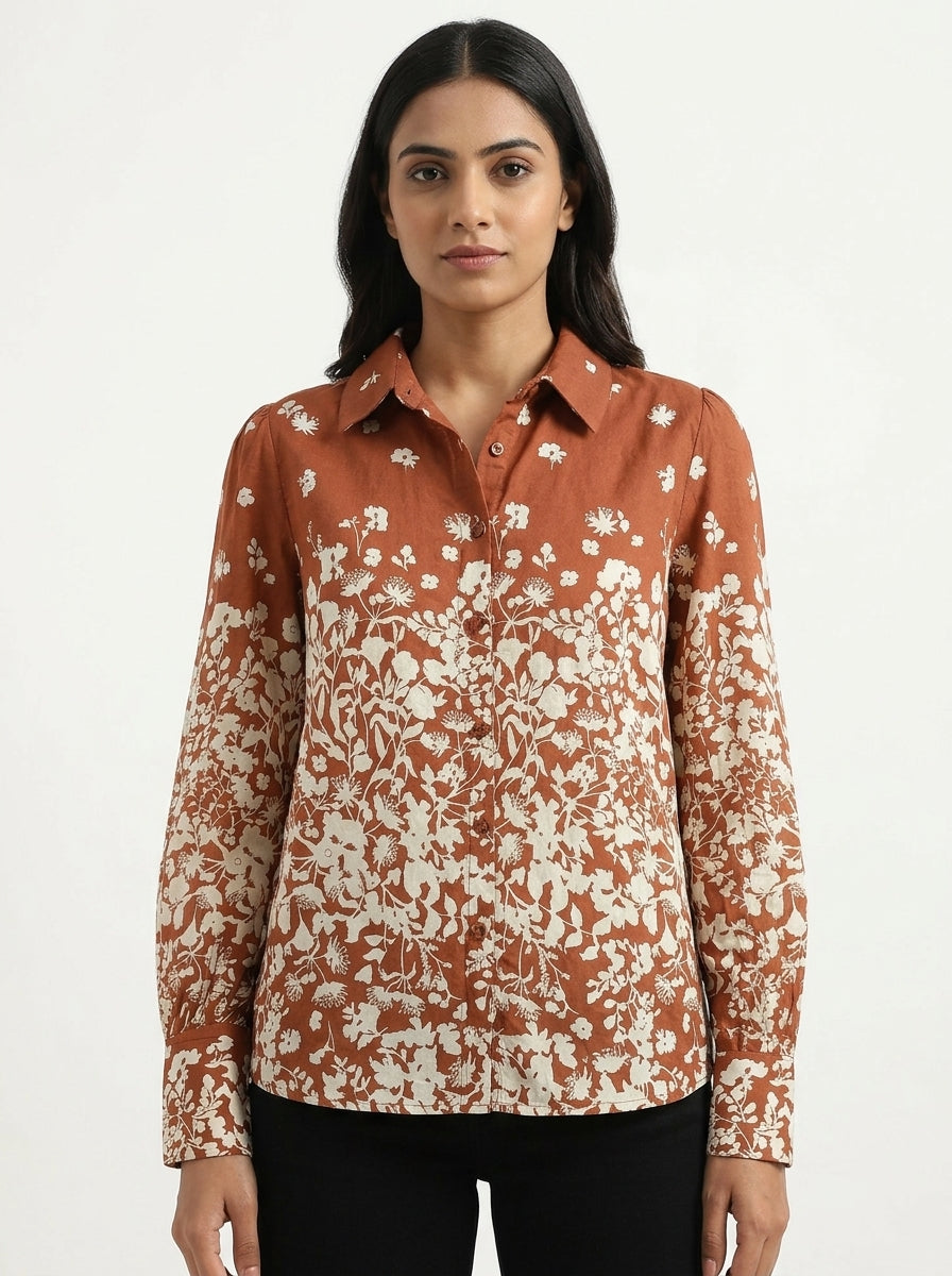Women's Brown Floral Print Long Sleeve Casual Shirt