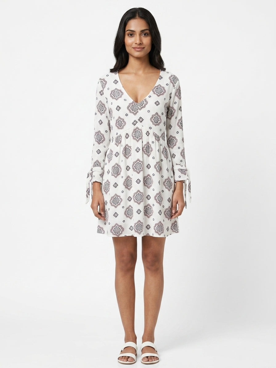 White Printed V-Neck Mini Dress