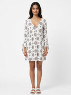 White Printed V-Neck Mini Dress
