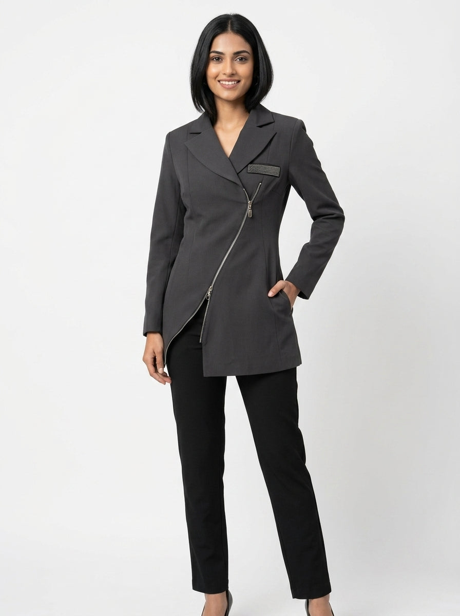 Women's Charcoal Asymmetric Zipper Blazer