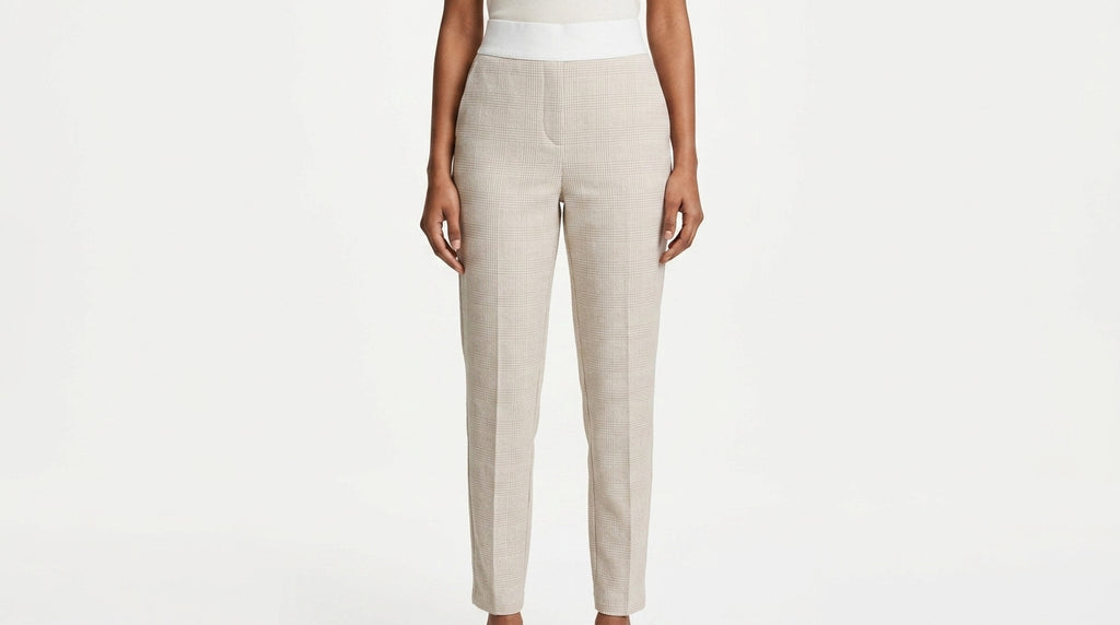Cream Plaid Regular Fit Trousers