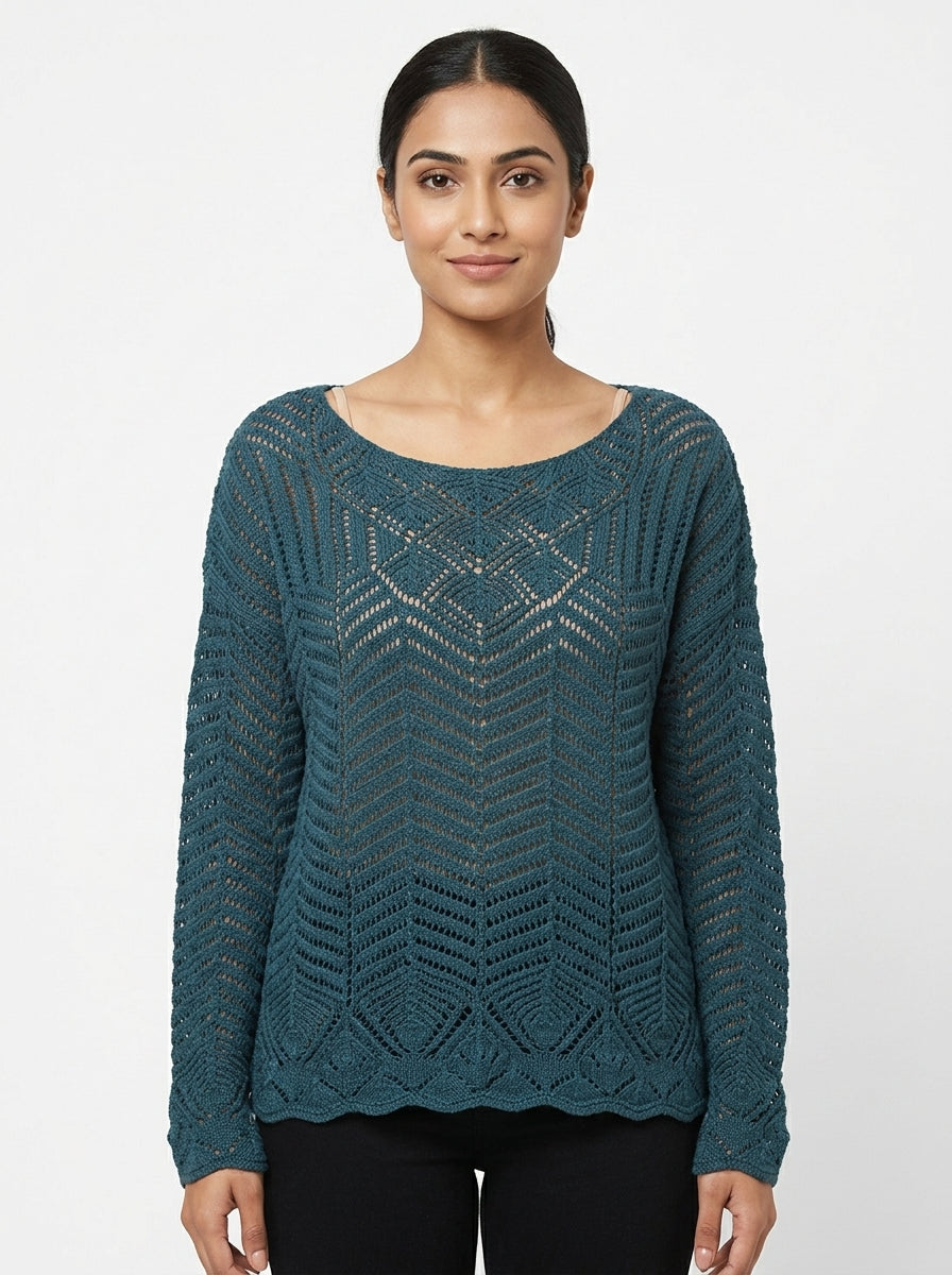 Teal Open Knit Pullover Sweater