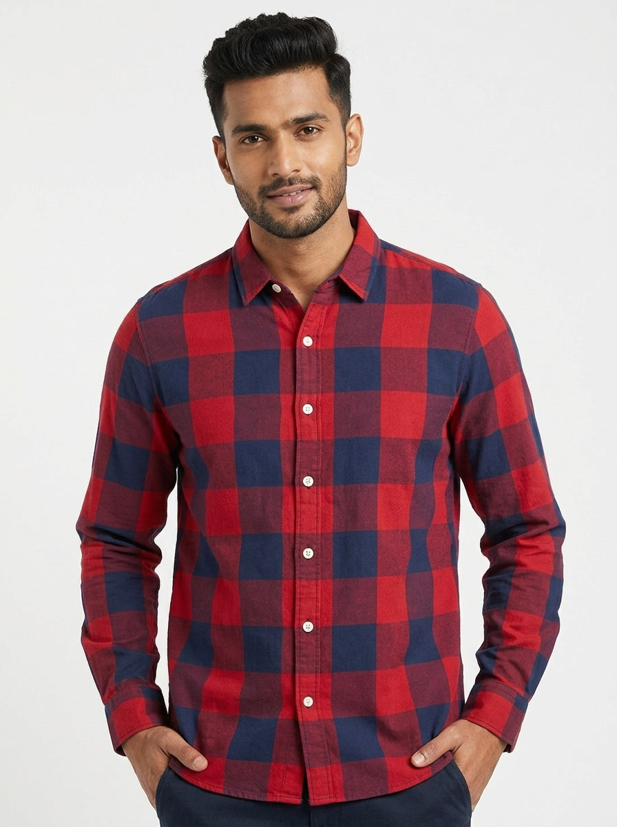 Red & Navy Plaid Long Sleeve Casual Shirt