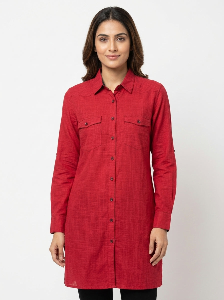 Fabindia Red Cotton Long Sleeve Kurti