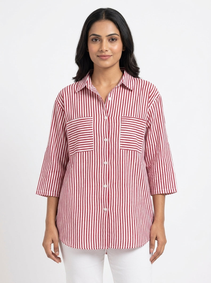 Red & White Striped Relaxed Fit Casual Shirt