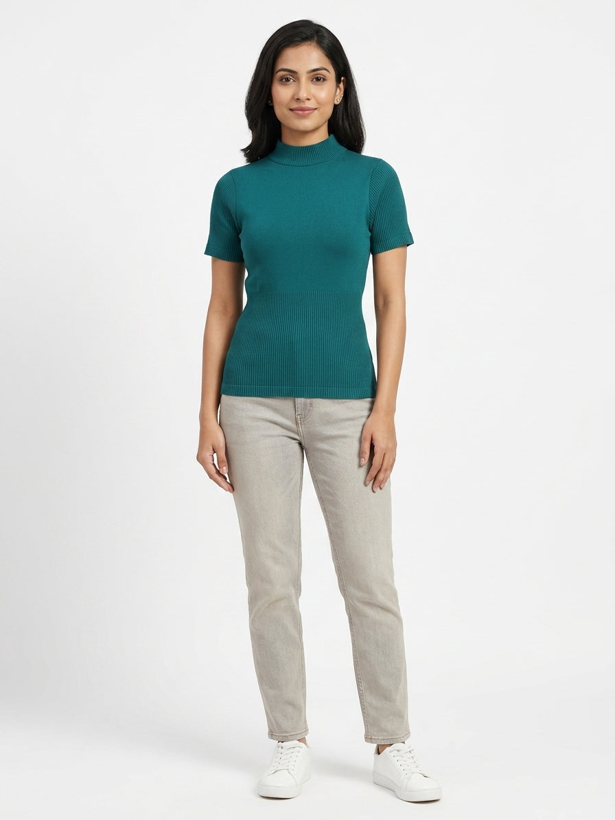 Teal Ribbed Mock Neck Short Sleeve Slim Fit Top
