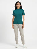 Teal Ribbed Mock Neck Short Sleeve Slim Fit Top