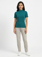 Teal Ribbed Mock Neck Short Sleeve Slim Fit Top