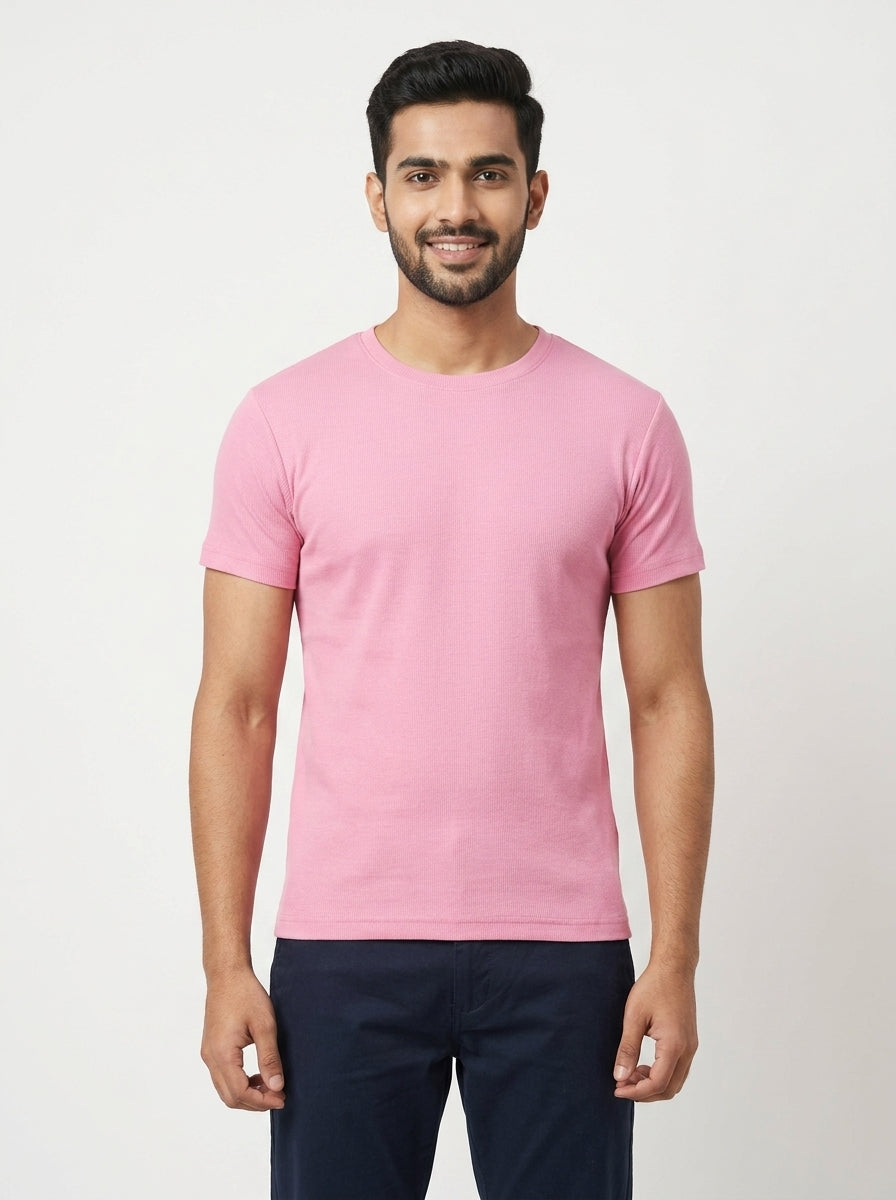 Pink Solid Regular Fit Round Neck T-Shirt