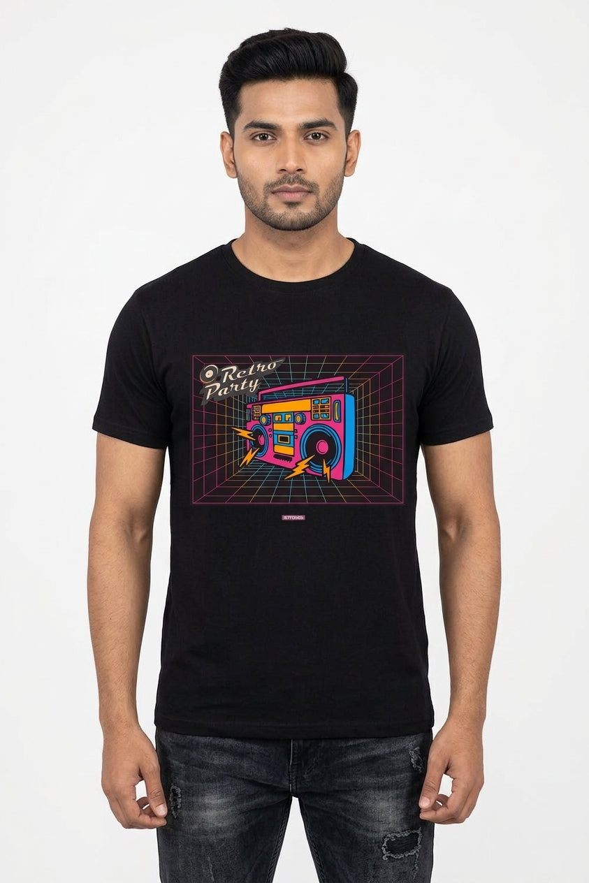 Retro Party - multi LED 80s fashion Black printed graphic Tee