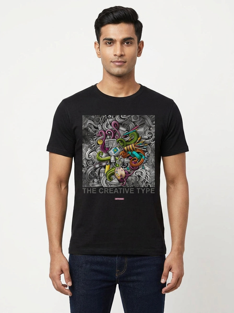 Creative Type - Block printed creative art round neck black tshirt