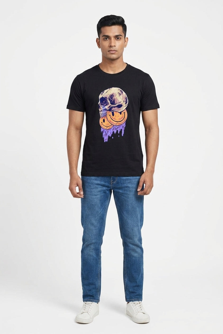 Smiley Skull Graphic Printed Black Tshirt