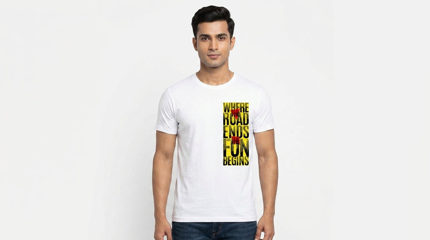 Where the road Ends the Fun Begins White Asymmetric Printed T-Shirt