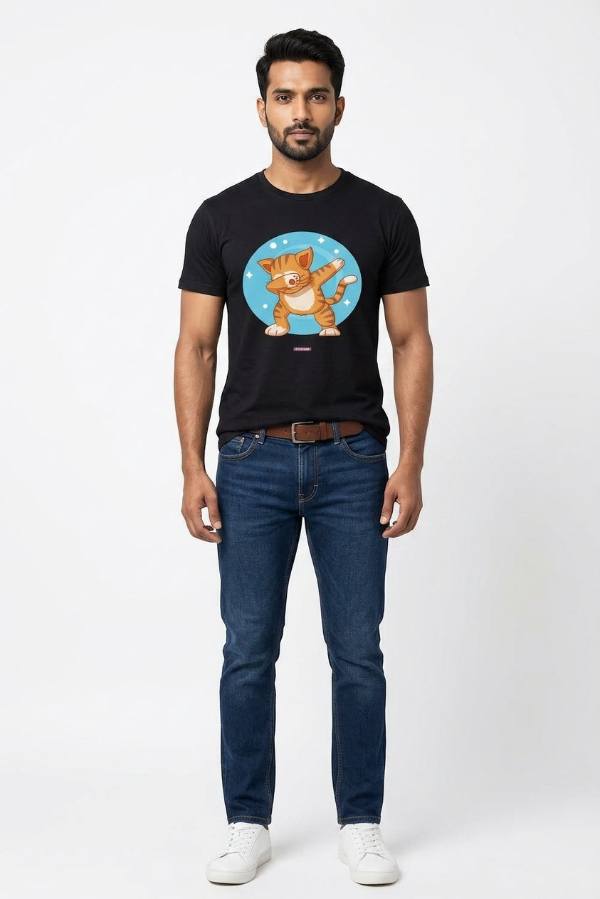 Cat showing off Dab Dance moves - Quirky Graphic T-Shirt Black Color