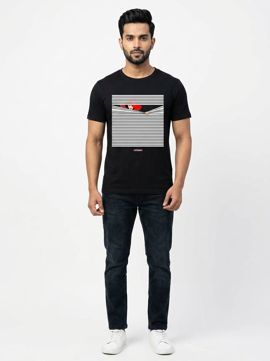 Casual Black T-Shirt - Optical Illusion Peeping Lady - Striped Tee
