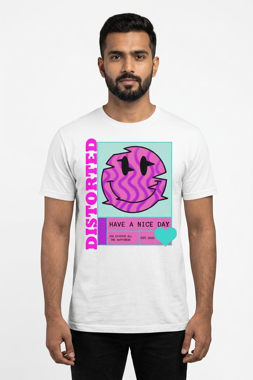 Distorted Graphic Printed White Tshirt