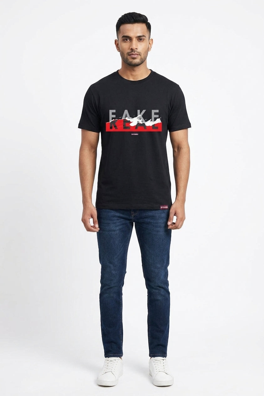 Fake or Real - Torn effect graphic tee black color round neck