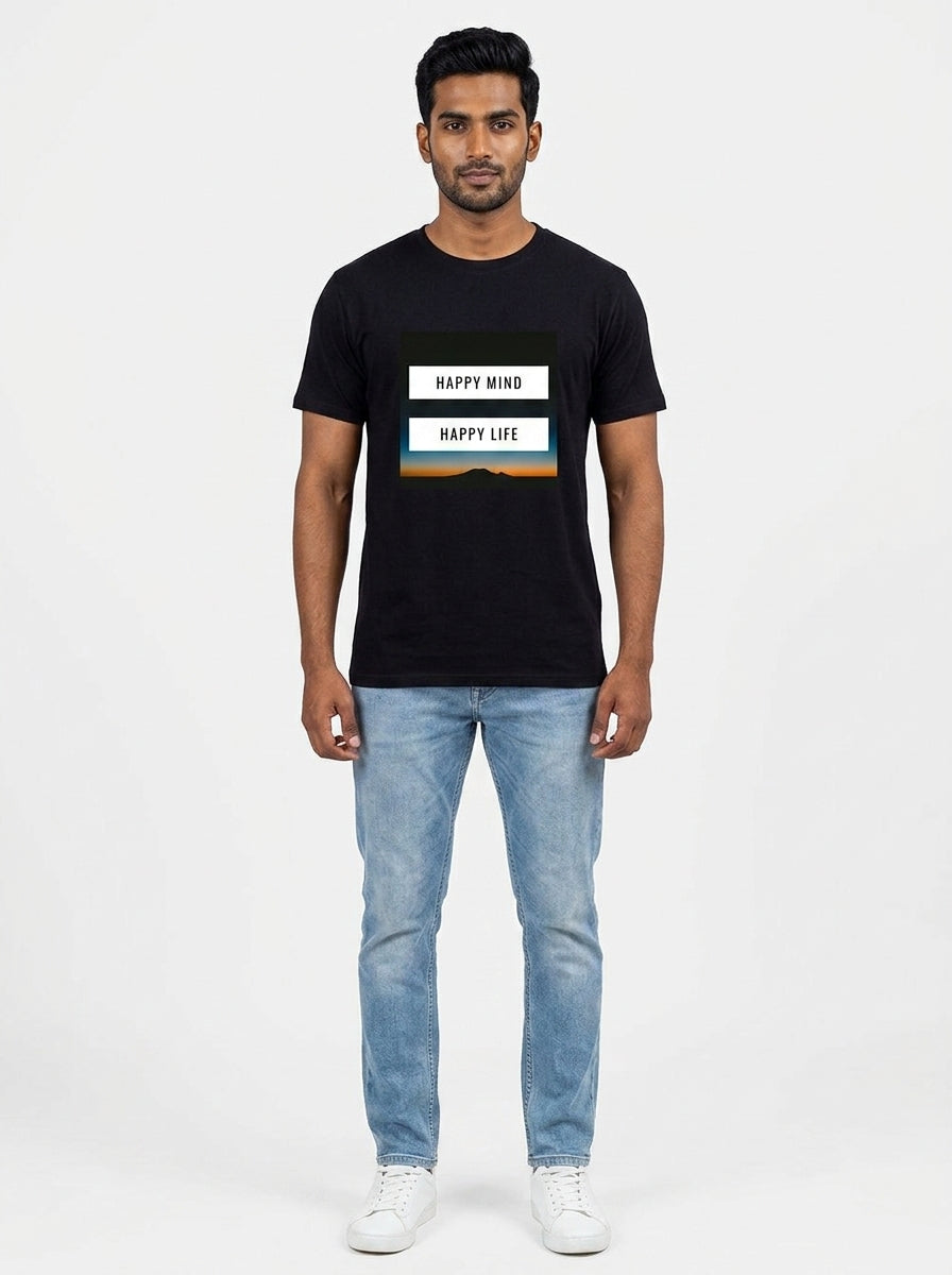 Happy Mind Happy Life - Black block Printed T-Shirt