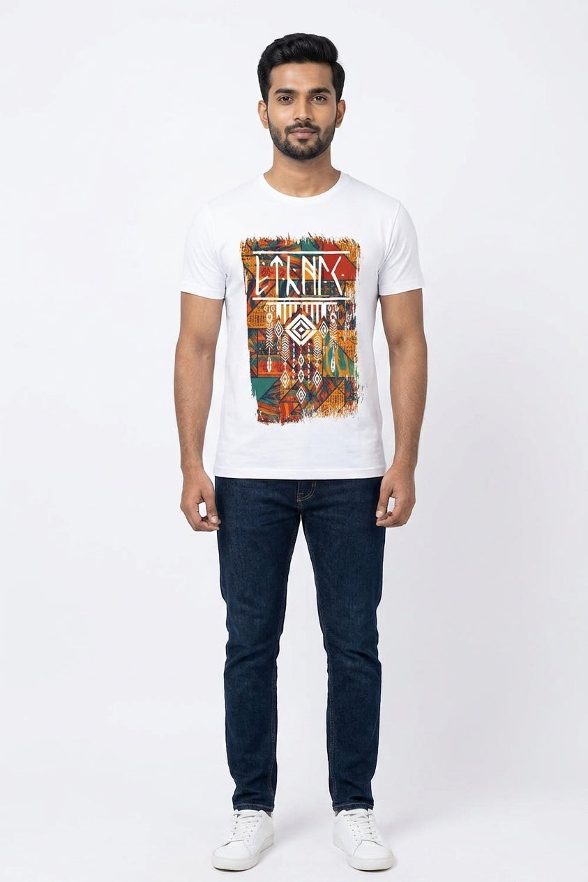 Ethnic Script and Inscriptions White Printed T-Shirt