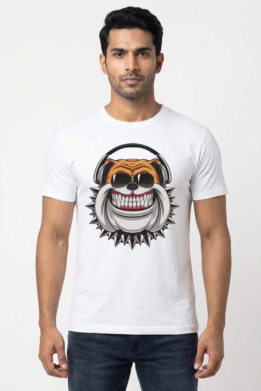 Grinning Dog with headphones and glasses White Casual Cotton Tee