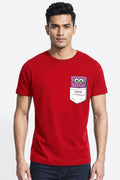 Spongebob peeping out of the pocket - Quirky Graphic T-Shirt Red Color