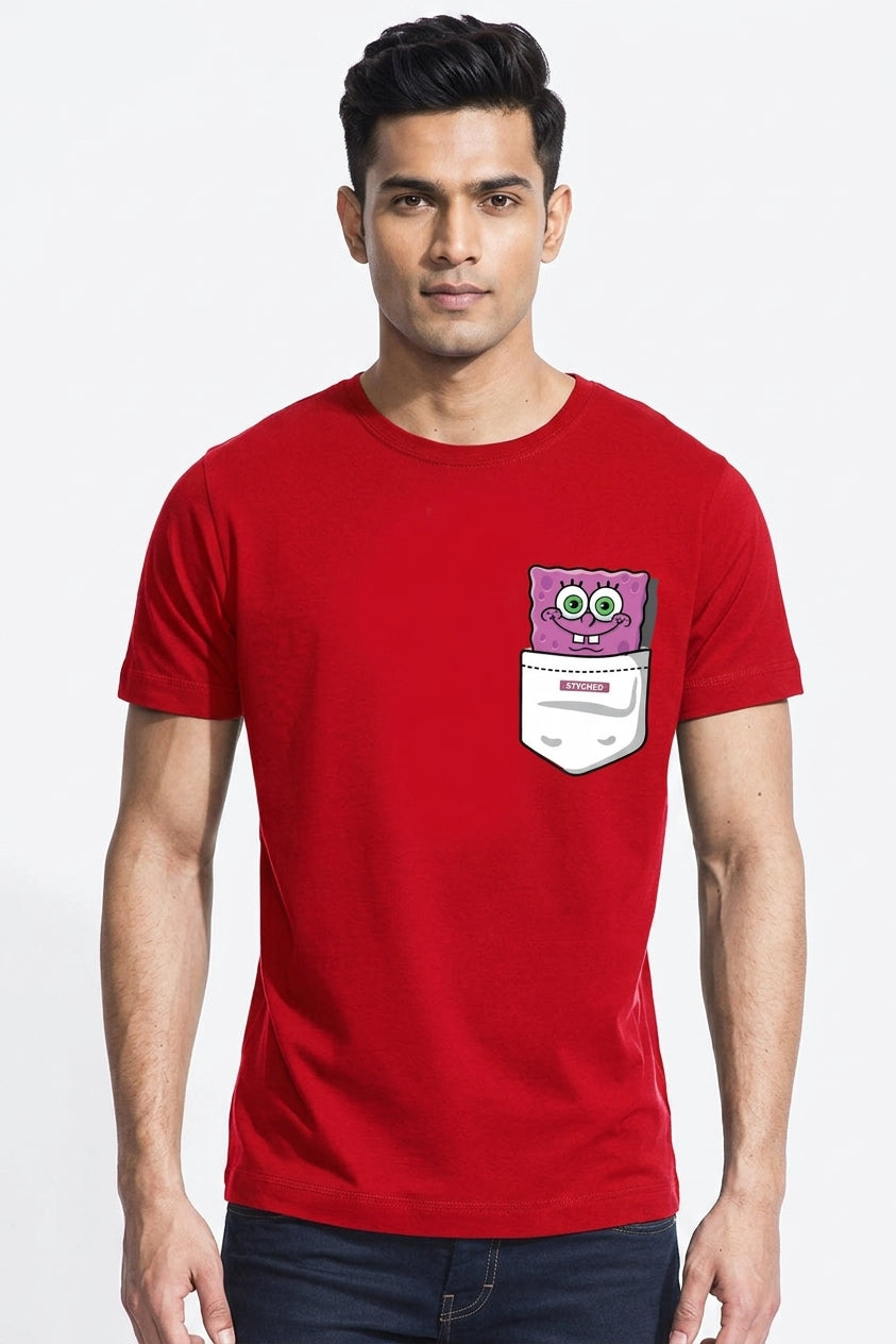 Spongebob peeping out of the pocket - Quirky Graphic T-Shirt Red Color