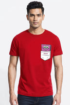 Spongebob peeping out of the pocket - Quirky Graphic T-Shirt Red Color