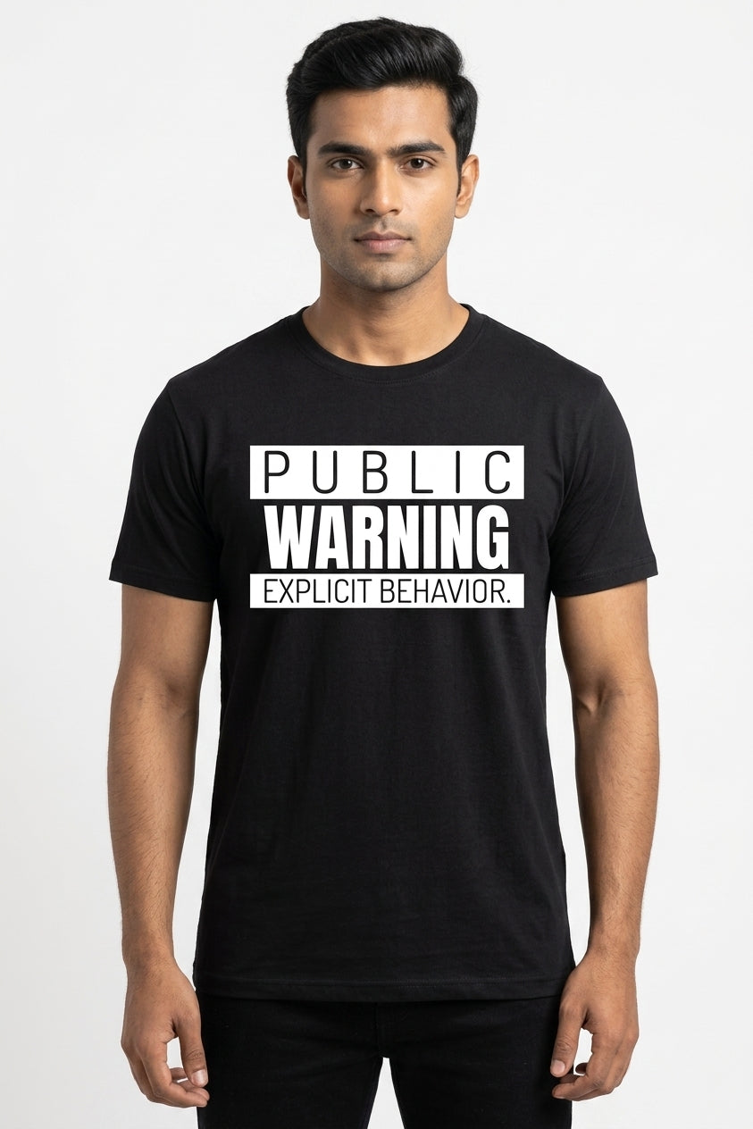 Public Warning Graphic Printed Black Tshirt