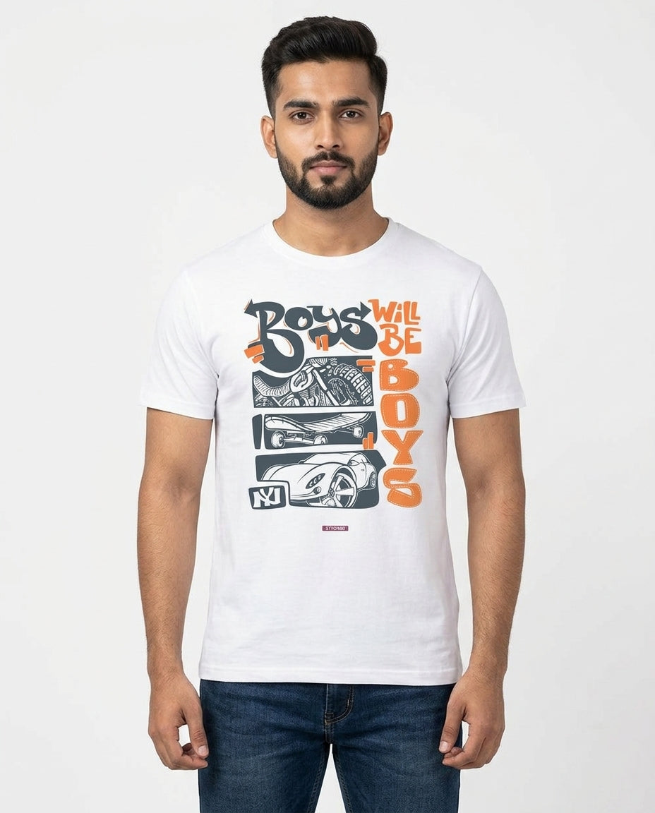 Boys will be Boys - Graffiti style printed casual white round neck tshirt