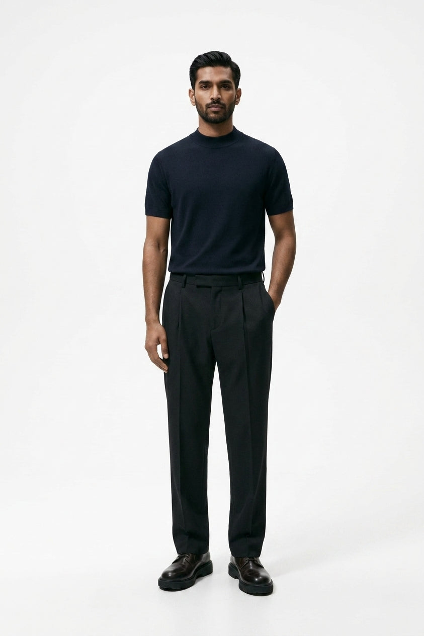 Black Knitted Close Neck T Shirt
