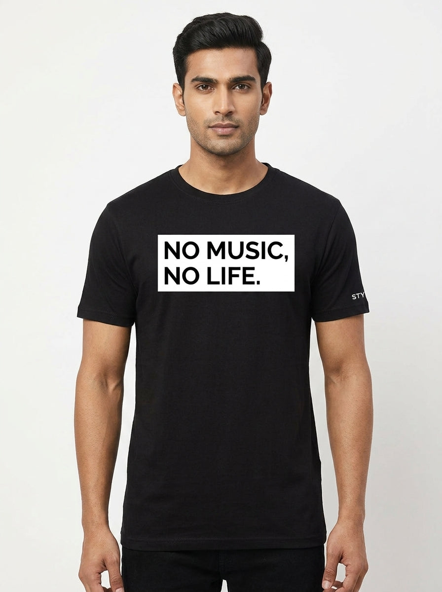No Music No Life Graphic Printed Black Tshirt