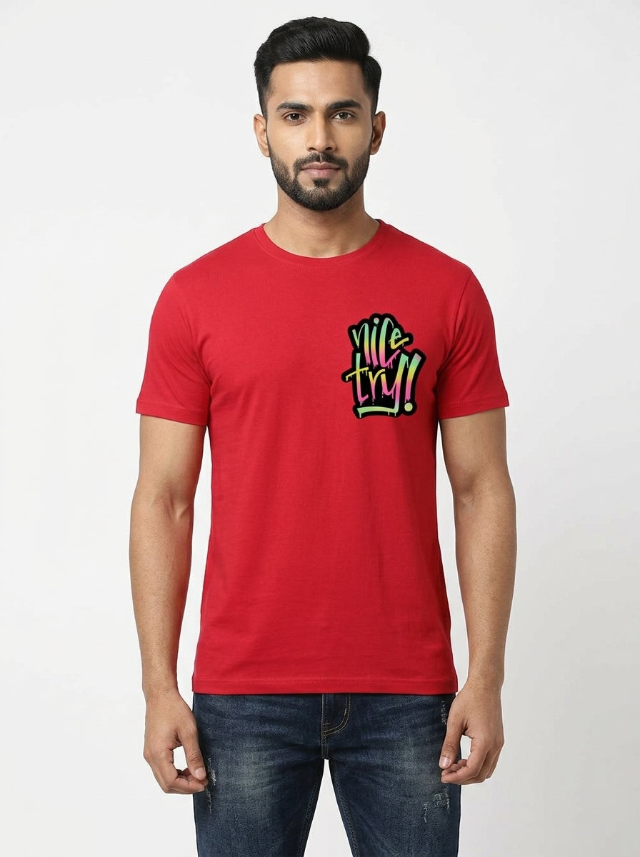 Nice Try Pocket Printed Graphic Red Tshirt