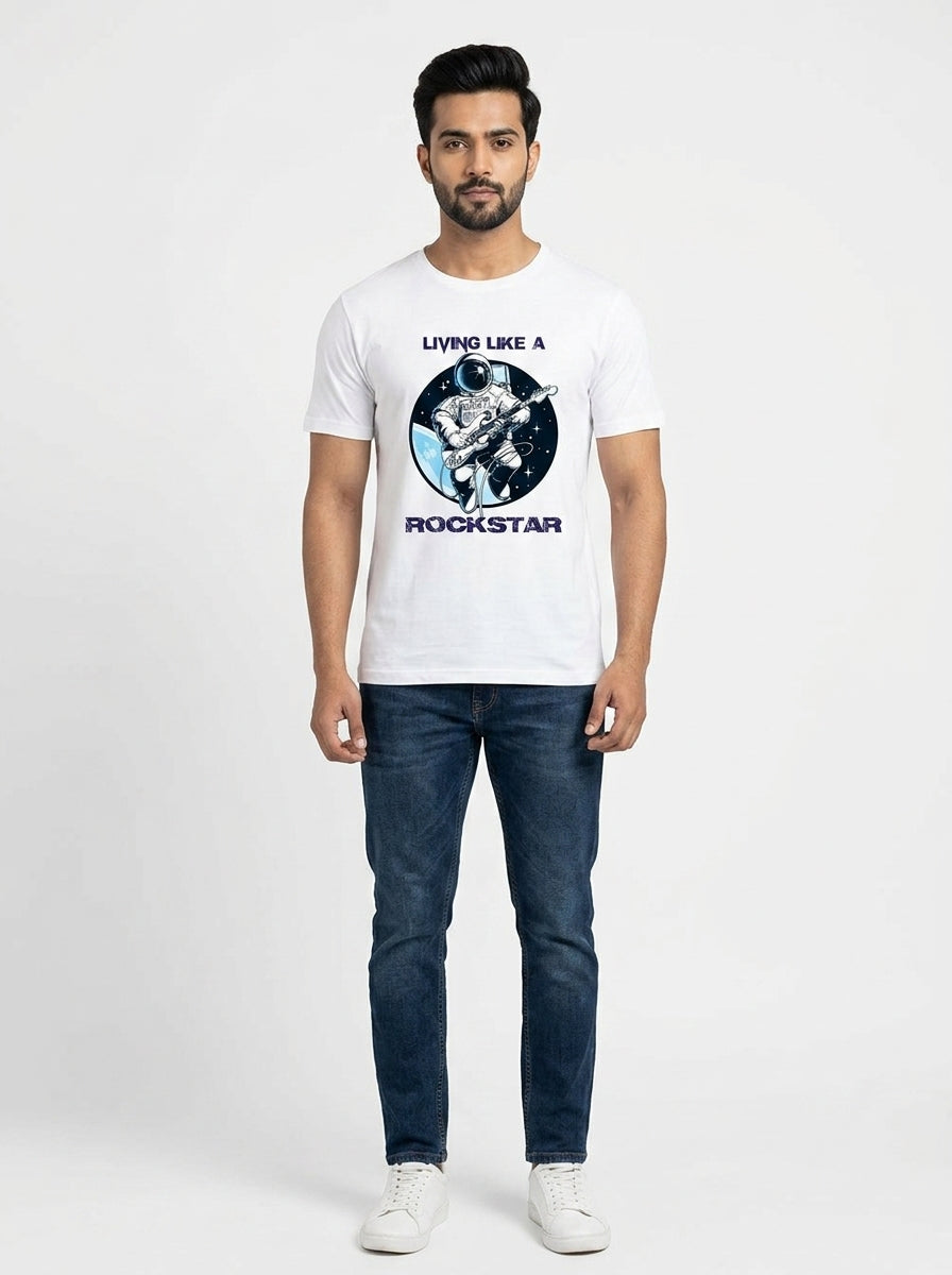 Living Like a Rockstar Graphic Printed White Tshirt