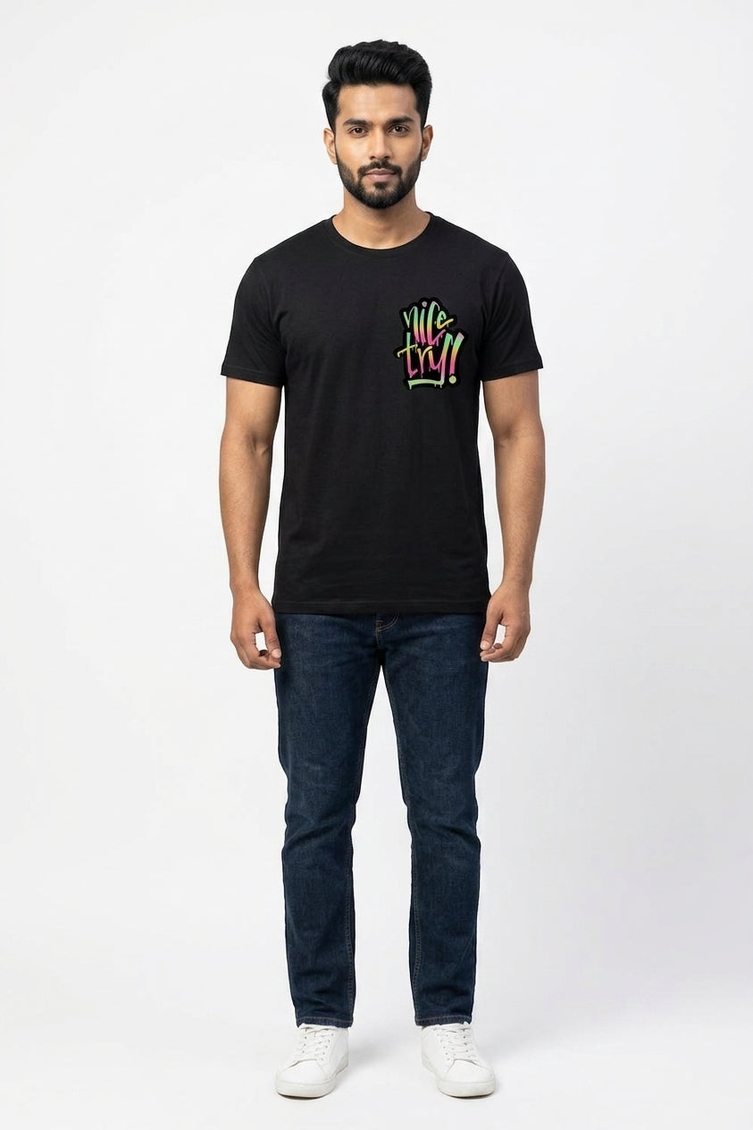 Nice Try Pocket Printed Graphic Black Tshirt