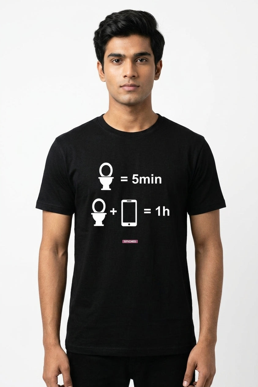 Time in restroom with phone - Quirky Graphic T-Shirt Black Color