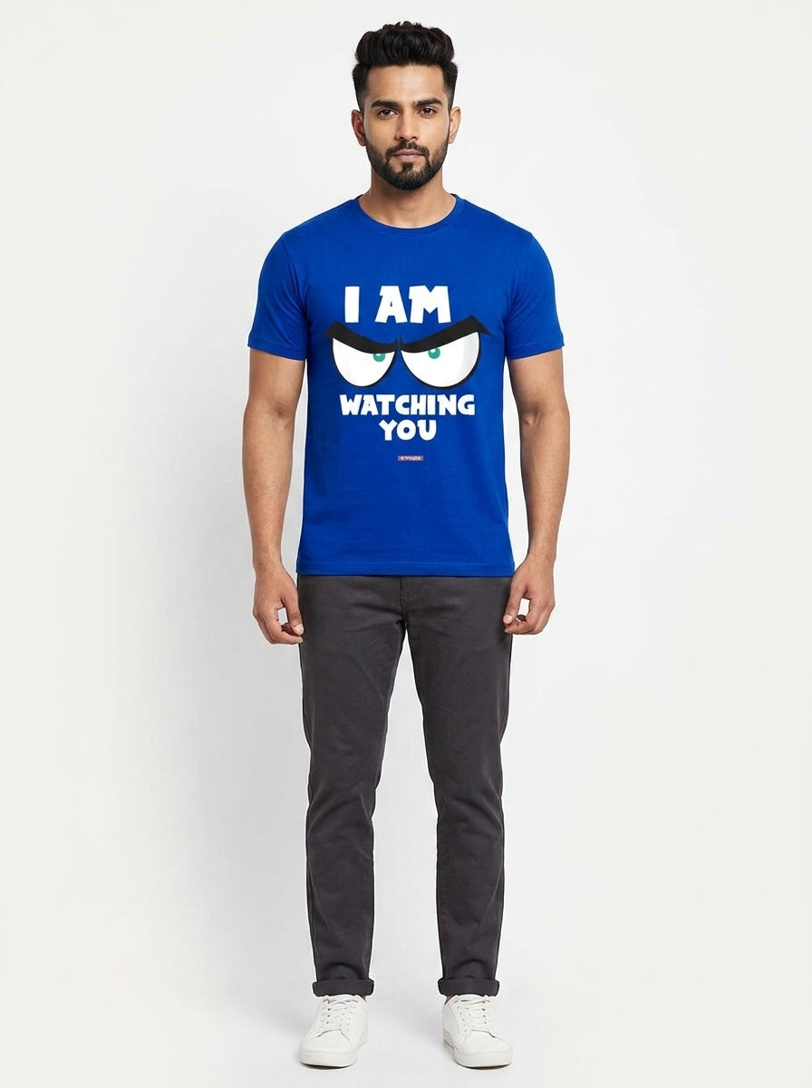 Angry eyes telling us that Big Brother is watching - Quirky Graphic T-Shirt Blue Color