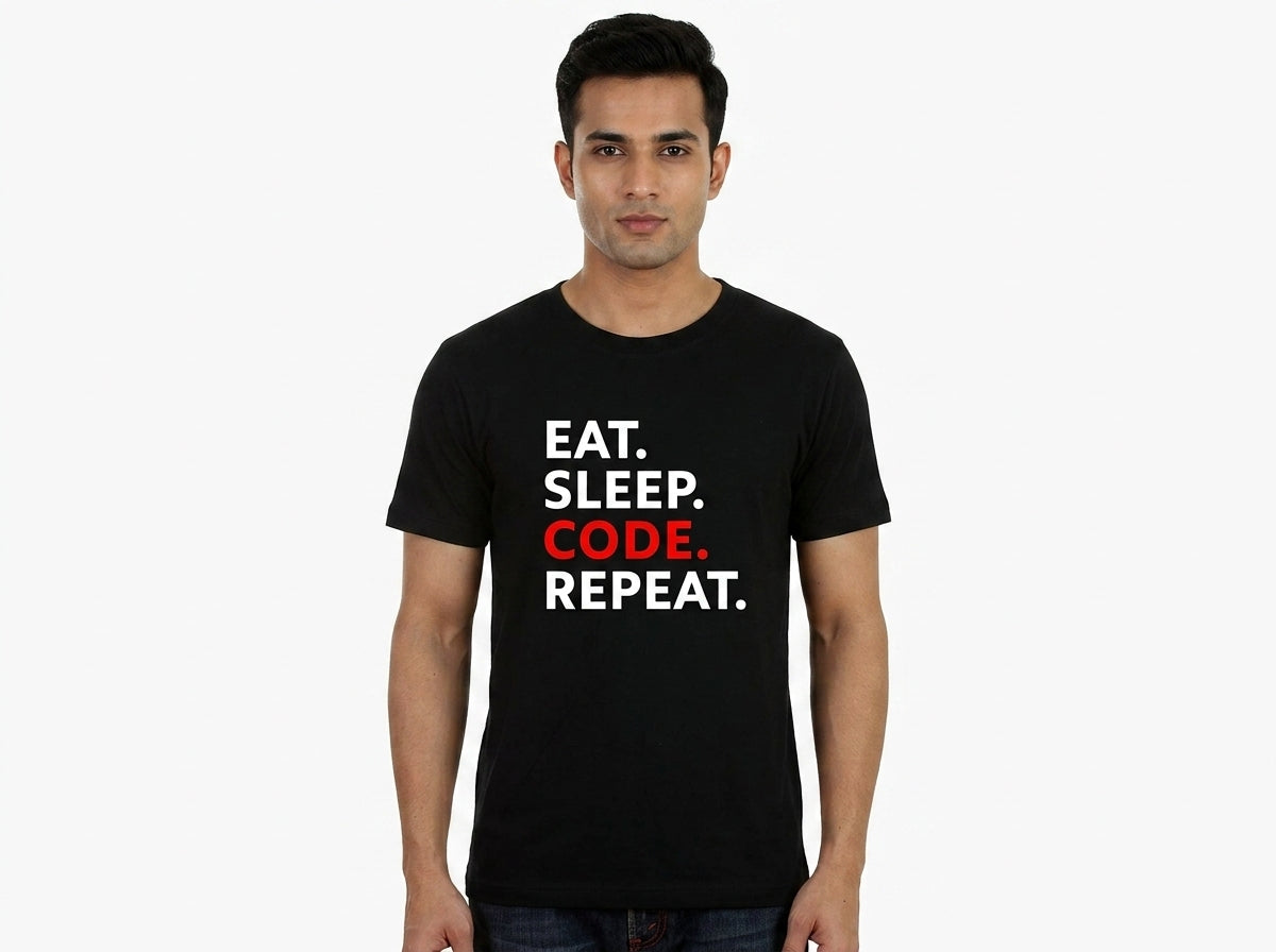 Eat Sleep Code Repeat - Casual Black Round Neck Cotton TShirt for Coders