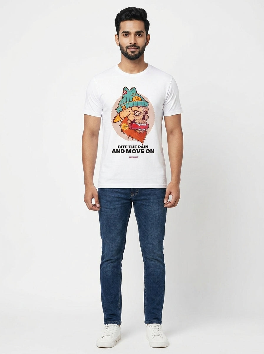Bite the Pain and Move On! - Quirky Graphic T-Shirt White Color