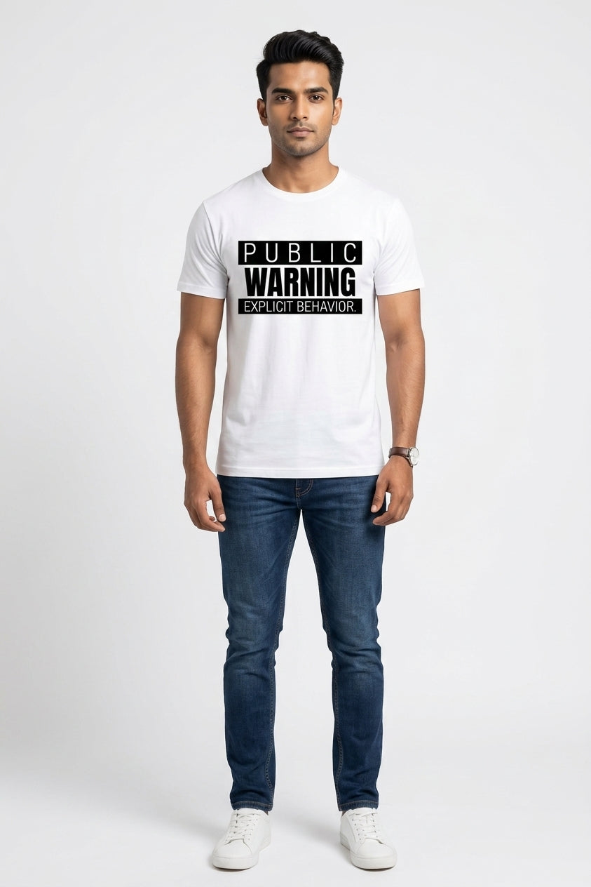 Public Warning Graphic Printed White Tshirt