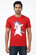 Cute Unicorn doing a dab dance - Quirky Graphic T-Shirt Red Color