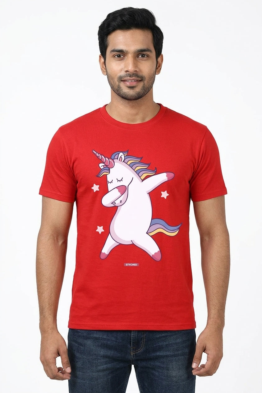 Cute Unicorn doing a dab dance - Quirky Graphic T-Shirt Red Color