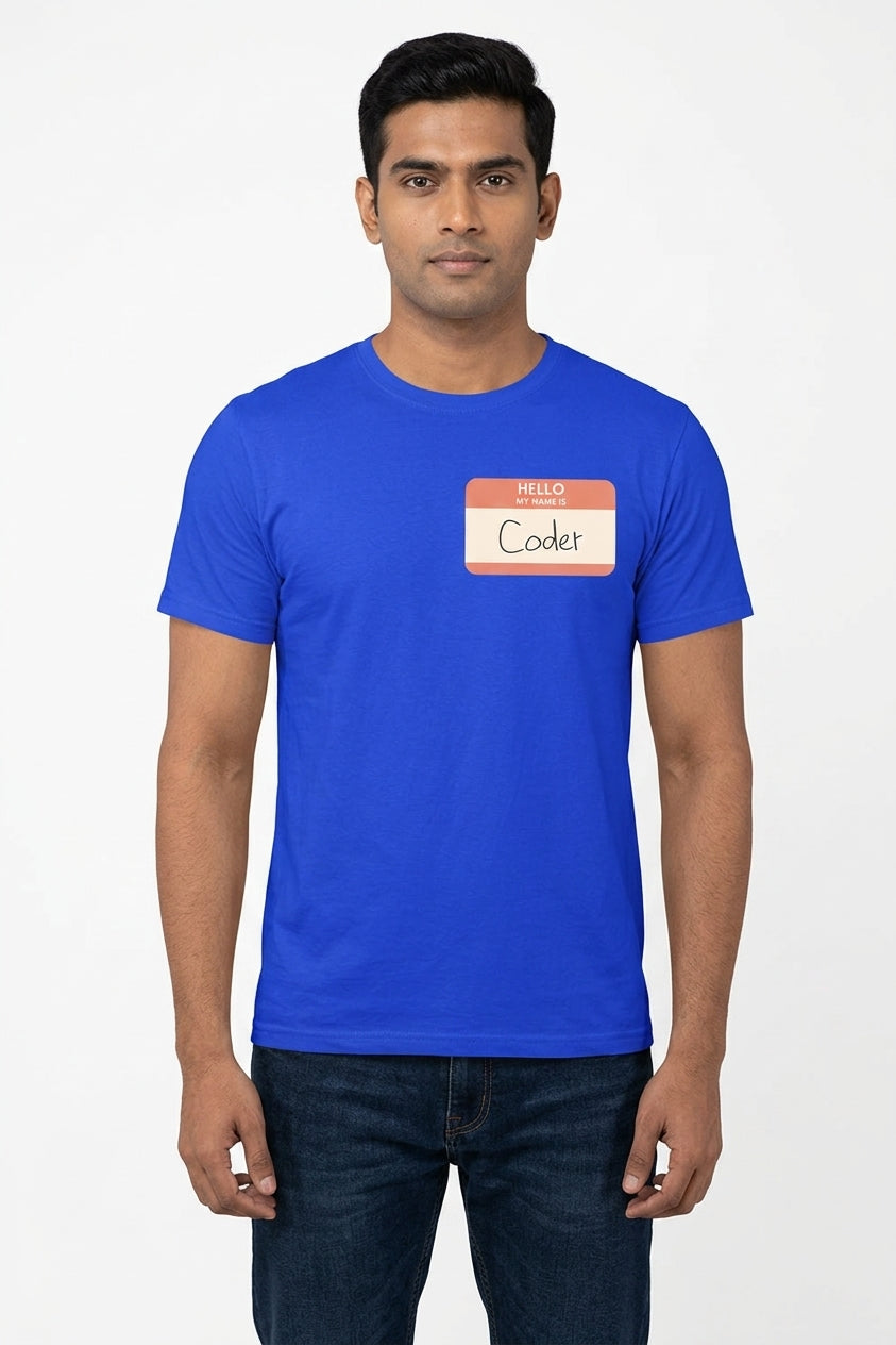 My Name is Coder - Name Tag graphic on a Blue Cotton TShirt