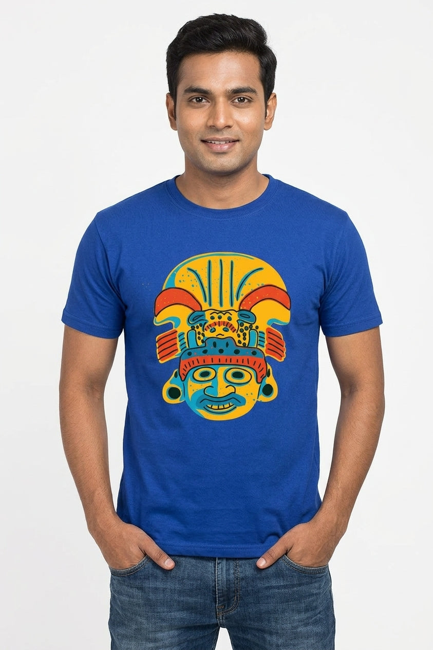 Tribal Mask - Warrior Attitude Blue Casual Round Neck Cotton T-Shirt