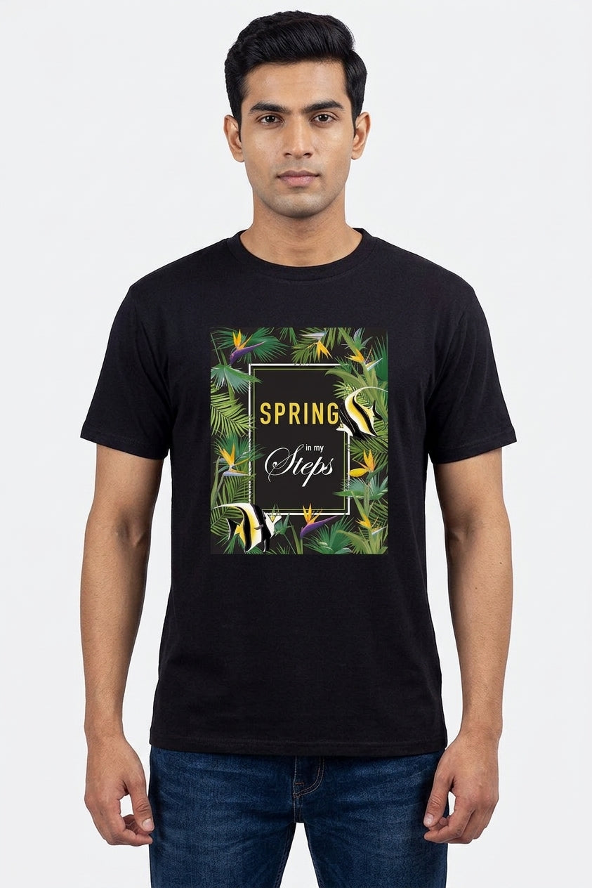 Spring in my Steps - Grunge Tropical Printed Black Tee