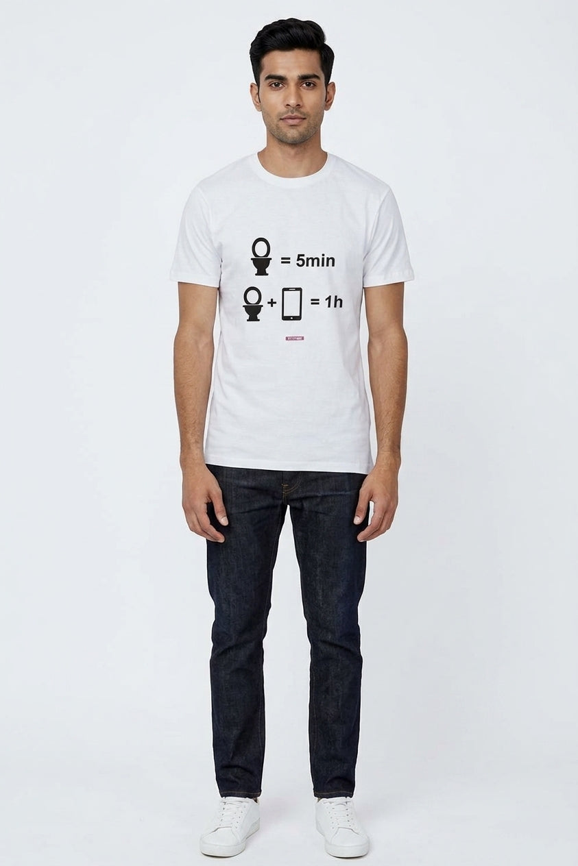 Time in restroom with phone - Quirky Graphic T-Shirt White Color
