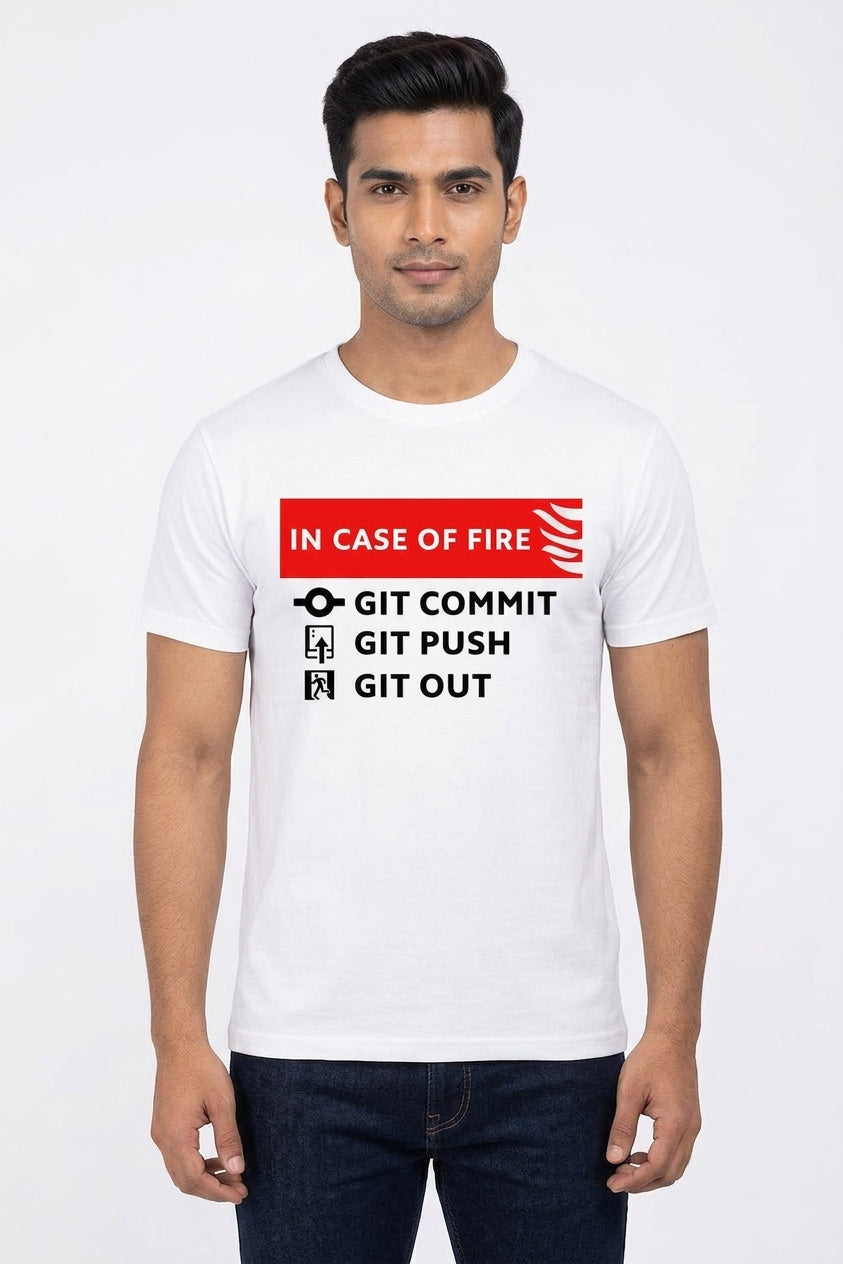 In Case of Fire Git Commit Git Push Git out Quirky White Casual TShirt
