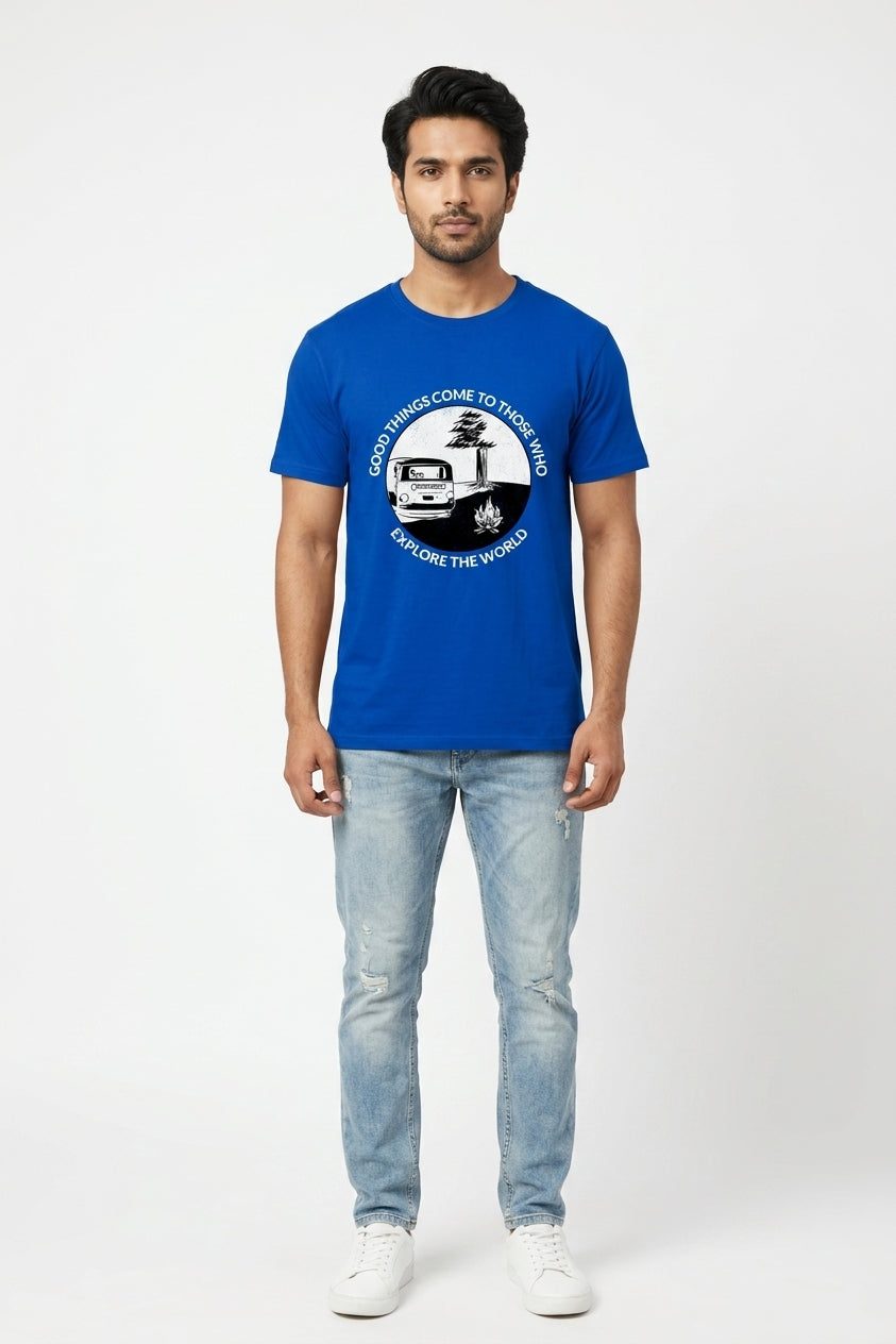 Explore The World Graphic Printed Blue Tshirt